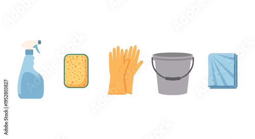 Essential cleaning supplies are neatly arranged in a row, showcasing various tools for maintaining a tidy and hygienic home environment.