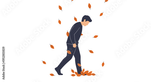 Man walking through falling autumn leaves, isolated on white background