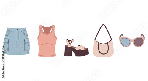 Collection of women's fashion accessories and clothing items, including a denim cargo skirt, peach tank top, platform sandals, shoulder bag, and stylish sunglasses.