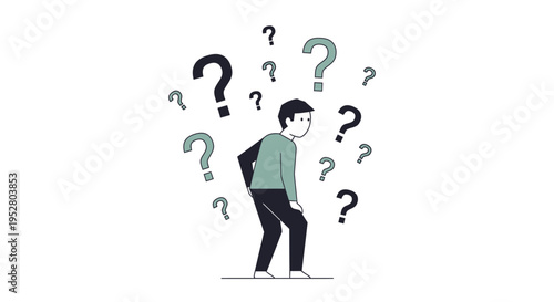 Confused Man Surrounded by Question Marks - Uncertainty and Doubt Concept