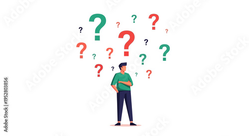 Man Surrounded by Question Marks - Confusion, Doubt, and Uncertainty Concept