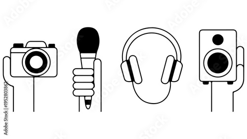 A collection of black and white line art icons representing audio and visual tools