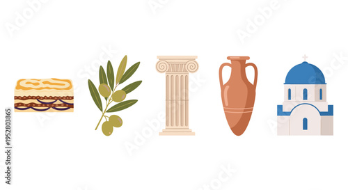 Traditional Greek culture symbols and elements are beautifully illustrated in a horizontal arrangement, showcasing the rich heritage of Greece.