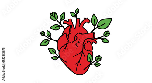 Healthy Heart with Growing Green Leaves, Symbol of Life and Wellbeing