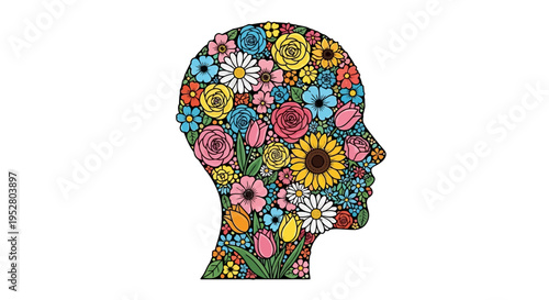 Human Head Silhouette Filled with Colorful Flowers and Plants