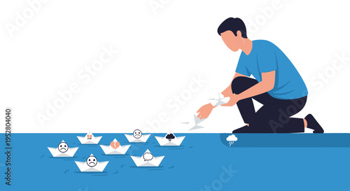 Man creating paper boats with faces on blue water, concept of emotions and leadership