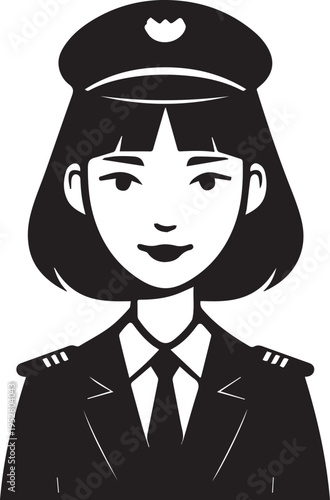 Hand Drawn Female Pilot Black and White Avatar Illustration in Minimal Line Art Style Design