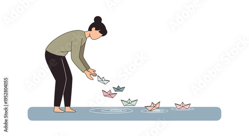Woman launches paper boats on water, childhood, creativity, imagination, play
