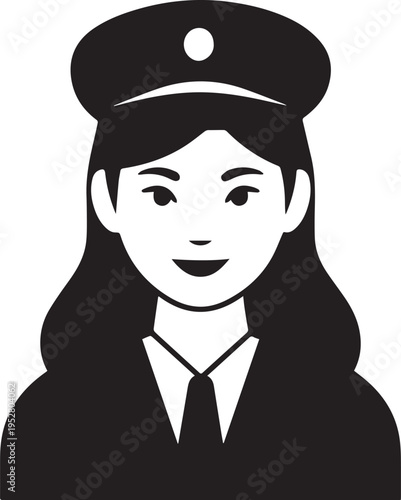 Hand Drawn Female Pilot Black and White Avatar Illustration in Minimal Line Art Style Design