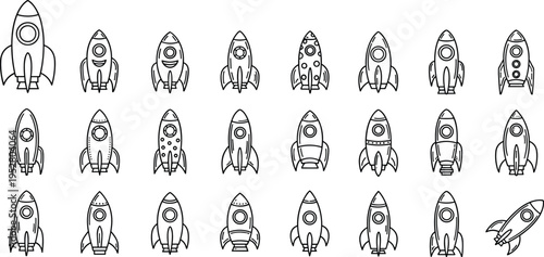  Hand drawn rocket ship collection vector, vintage spaceship doodle set, outline spacecraft icons, cartoon launch illustration, isolated design elements, retro astronomy