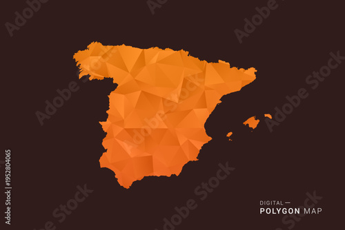Spain Map - low poly polygon vector, geometric triangulated silhouette in orange and dark brown tones, clean modern infographic style, isolated background.