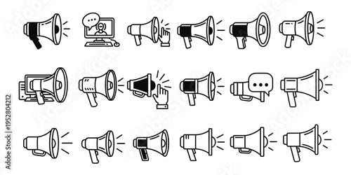 Collection of various megaphone icons in black and white