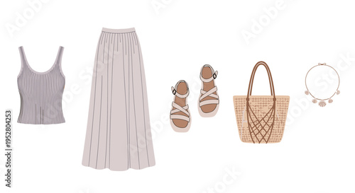 Summer clothes and accessories flat lay illustration featuring a stylish tank top, long skirt, sandals, straw bag, and shell necklace for a casual beach look.