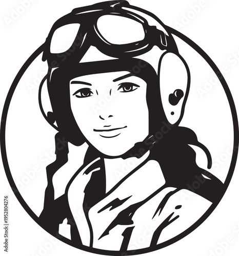 Hand Drawn Female Pilot Black and White Avatar Illustration in Minimal Line Art Style Design