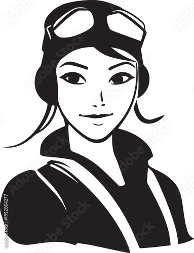 Hand Drawn Female Pilot Black and White Avatar Illustration in Minimal Line Art Style Design