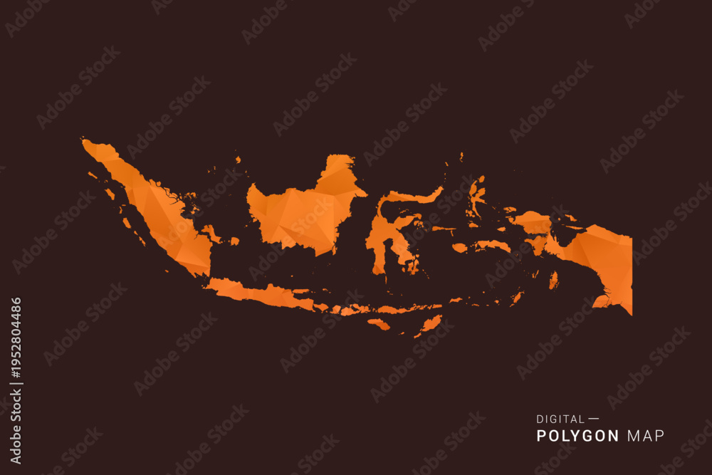Fototapeta premium Indonesia Map - low poly polygon vector, geometric triangulated silhouette in orange and dark brown tones, clean modern infographic style, isolated background.