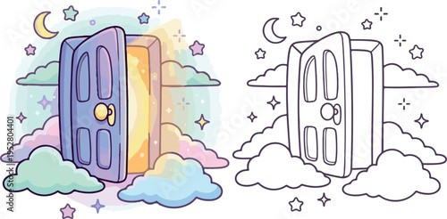 door floating in sky cartoon vector illustration for kid book