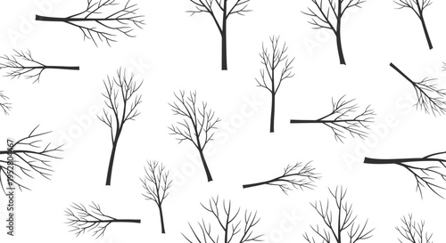 black simple seamless pattern of bare tree branches and silhouettes of trees on a white background for winter season or nature theme minimalist design