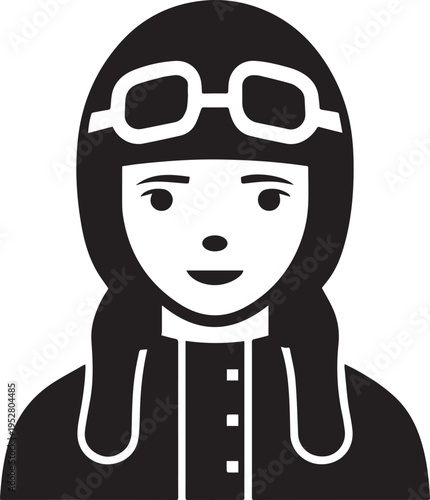 Hand Drawn Female Pilot Black and White Avatar Illustration in Minimal Line Art Style Design