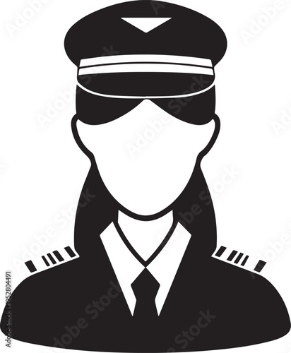 Hand Drawn Female Pilot Black and White Avatar Illustration in Minimal Line Art Style Design