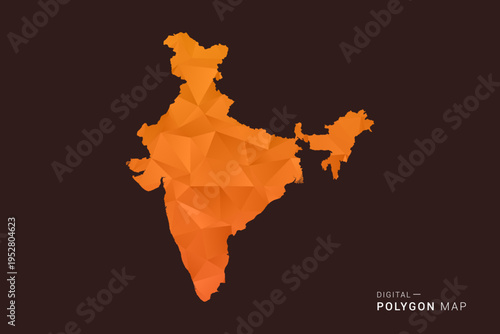 India Map - low poly polygon vector, geometric triangulated silhouette in orange and dark brown tones, clean modern infographic style, isolated background.