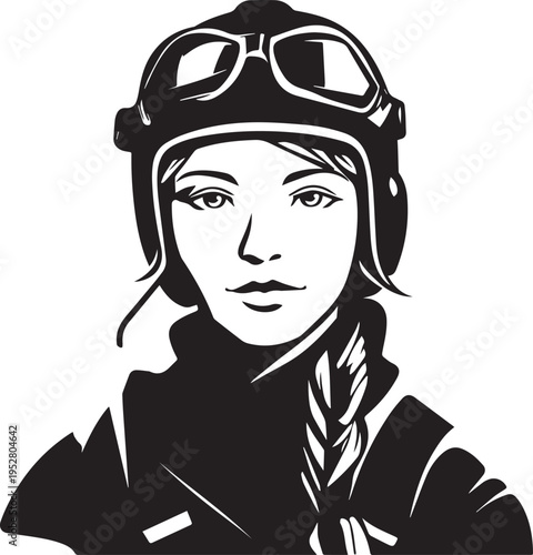 Hand Drawn Female Pilot Black and White Avatar Illustration in Minimal Line Art Style Design