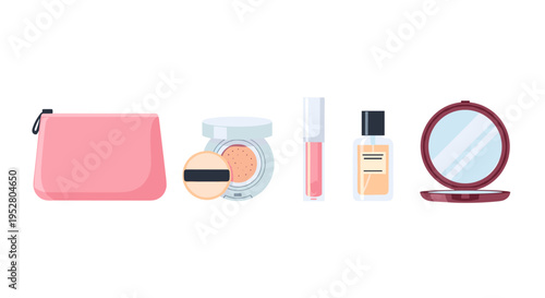 Various makeup and cosmetic products neatly arranged, including a pink pouch, cushion foundation, lip gloss, perfume, and a compact mirror, illustrating beauty essentials.