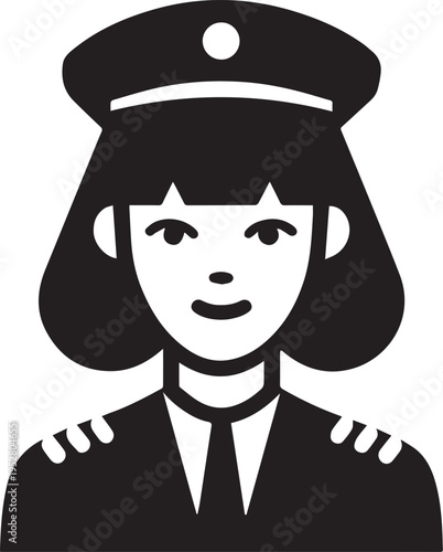 Hand Drawn Female Pilot Black and White Avatar Illustration in Minimal Line Art Style Design
