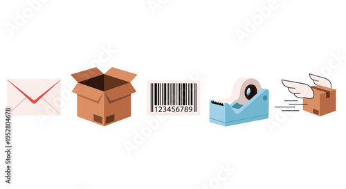Mail package delivery logistics process illustrated with essential shipping related icons including an envelope, open box, barcode, tape, and a flying parcel.