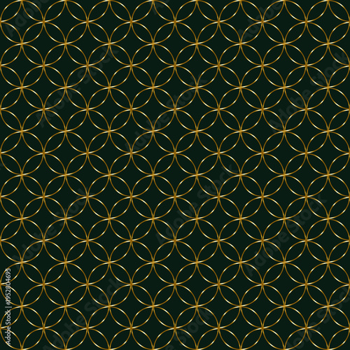 Seamless geometric pattern featuring interlocking gold circles arranged in a repeating grid on a deep emerald green background