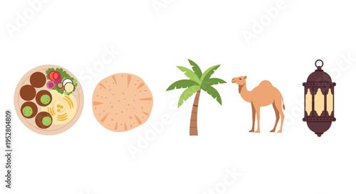 Traditional Middle Eastern food and cultural symbols are depicted in a vibrant flat design illustration, showcasing elements like falafel, flatbread, a palm tree, a camel, and an Arabic lantern.