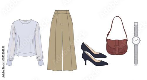 Women's fashion clothing and accessories collection featuring a stylish blouse, wide-leg trousers, high heels, a shoulder bag, and a wristwatch for a complete look.