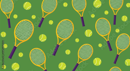 energetic seamless pattern of tennis rackets and fuzzy balls in vibrant green and yellow colors for sports theme background or athletic design