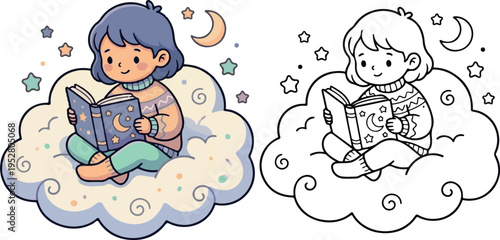 Child sitting on cloud reading kid book vector illustration