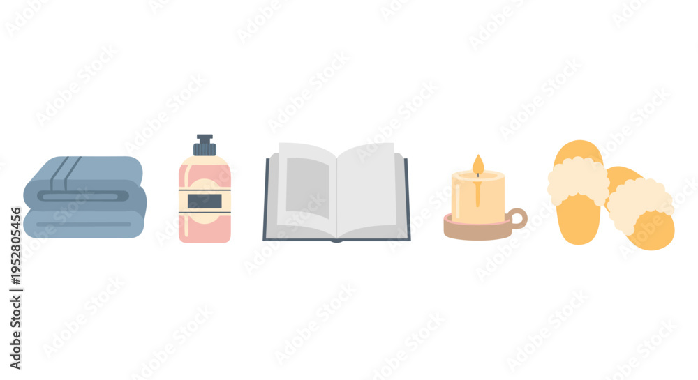 Obraz premium Essential comfort items for a relaxing and cozy self-care routine, featuring soft towels, a book, a lit candle, and warm slippers.