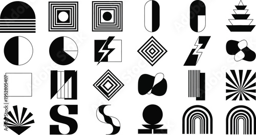 Assortment of striking black and white abstract icons featuring spirals, lightning bolts, and fragmented forms for.