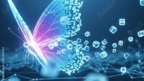 a butterfly with glowing wings and icons.