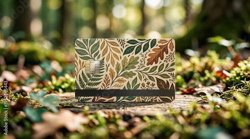 Ecofriendly credit card in earth tones centered in frame leafinspired design crisp and clear while the surroundings remain softly blurred.