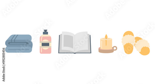 Essential comfort items for a relaxing and cozy self-care routine, featuring soft towels, a book, a lit candle, and warm slippers.
