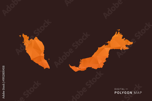 Malaysia Map - low poly polygon vector, geometric triangulated silhouette in orange and dark brown tones, clean modern infographic style, isolated background.