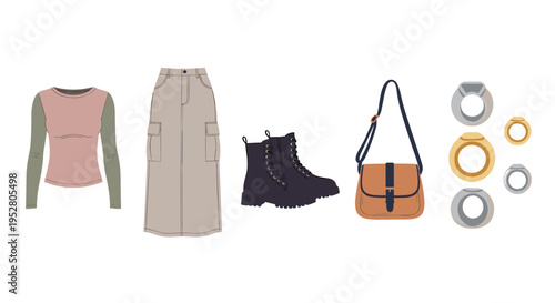 Modern fashion clothing accessories and jewelry collection arranged neatly, showcasing a stylish casual outfit for everyday wear and personal expression.