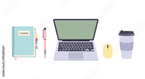 Collection of essential office supplies and digital tools, including a laptop, planner, pen, mouse, and coffee cup, are neatly arranged for a productive workspace.