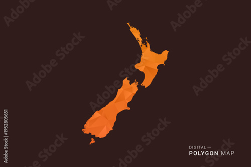 New Zealand Map - low poly polygon vector, geometric triangulated silhouette in orange and dark brown tones, clean modern infographic style, isolated background.