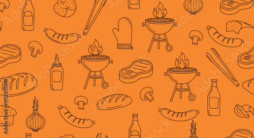 Barbecue seamless pattern with grill tools sausages steaks and vegetables on orange background for picnic menu flyer summer cookout party food and drink