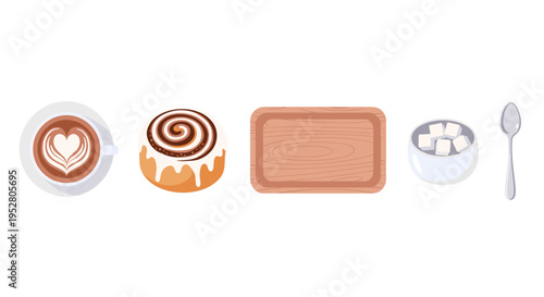 Various breakfast items and coffee accessories arranged horizontally, showcasing a delightful morning spread with a heart latte, sweet roll, and wooden tray.