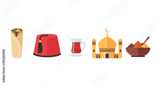 Traditional Middle Eastern and Turkish cultural elements are beautifully illustrated together, featuring a kebab, fez, tea, mosque, and various aromatic spices.