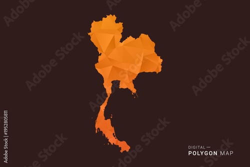 Thailand Map - low poly polygon vector, geometric triangulated silhouette in orange and dark brown tones, clean modern infographic style, isolated background.