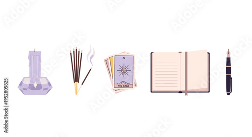 Spiritual items for meditation and self-reflection are neatly arranged, including a candle, incense, tarot cards, a journal, and a pen, symbolizing introspection and personal growth.