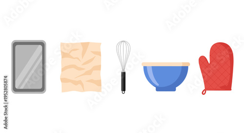 Baking tools and kitchen utensils for culinary preparation are neatly arranged, ready for creating delicious homemade treats and pastries.