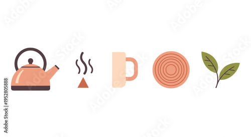Tea preparation icons illustrate the complete process of brewing a warm, comforting drink, from kettle to cup, symbolizing relaxation and comfort.